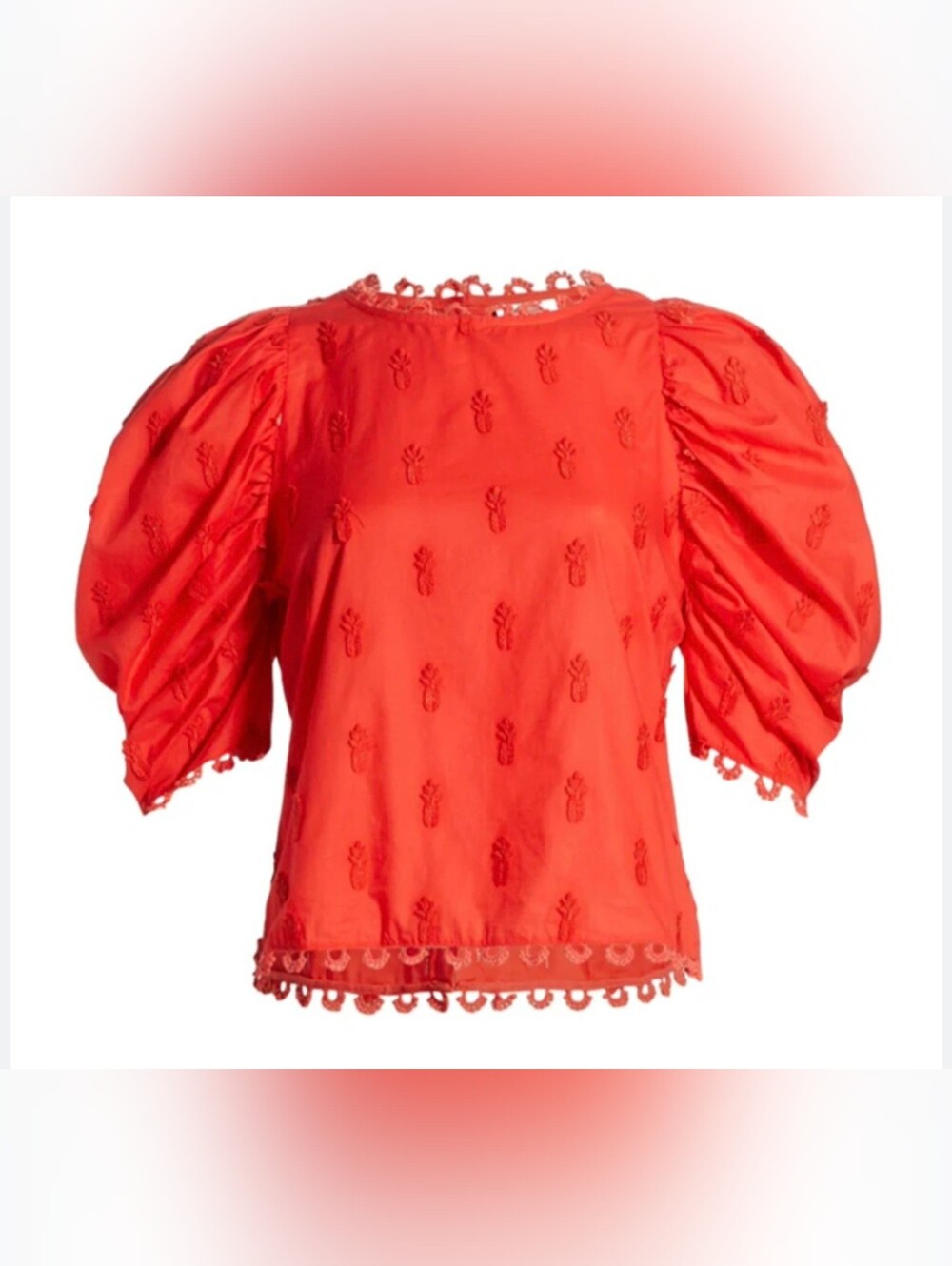FARM Rio Red Puff-Sleeve Embroidered Cropped Blouse - Picture 2 of 15